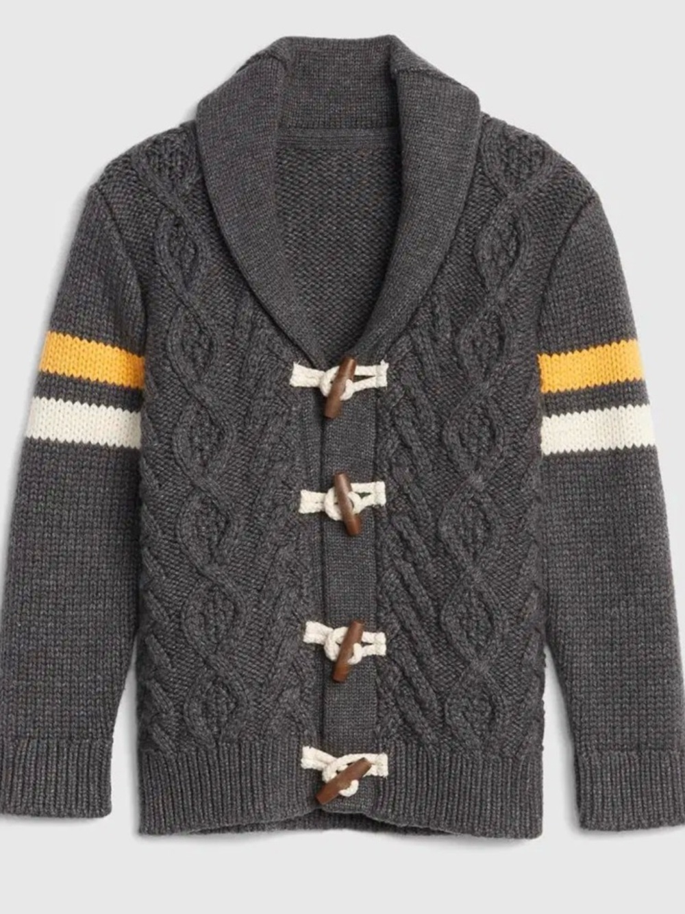 GAP Charcoal Shawl-Collar Cable Knit Sweater with Yellow & Cream Stripes